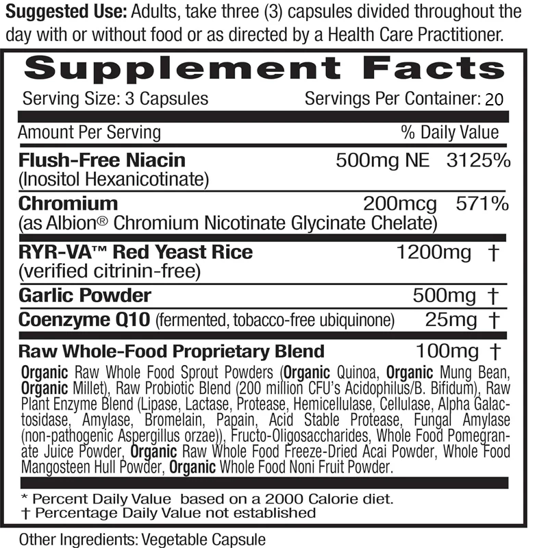 Cholesterol Health - Contains Coenzyme Q10, Non Rinse Niacin, RYR-VA, and Garlic -60 Vegetable Capsules