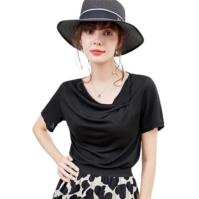 Solid Color Short Sleeve Asymmetrical Collar shirts 2024 Brand New Womens 95% Cotton T-Shirt Slim Tops ropa de mujer clothes 