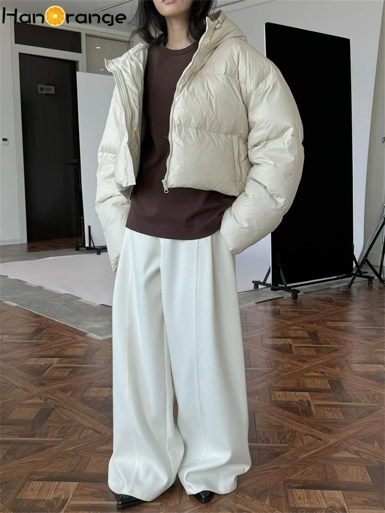 HanOrange 2024 Winter Vintage High Waist Women 90% Duck Down Jacket Hooded Thick Warm Short Coat Black/Off White/Purple