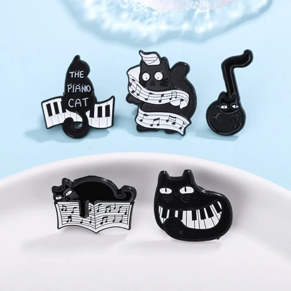 Cartoon Black Cat Enamel Pin Breastpin Purring Kitten Piano Cat Badge Music Score Music Instrument Beating Note Brooch