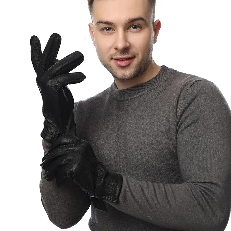 Customized Men's Cross-border Hand-sewn Imitation Deerskin Gloves, Goatskin Wool Inner Winter Warm Gloves