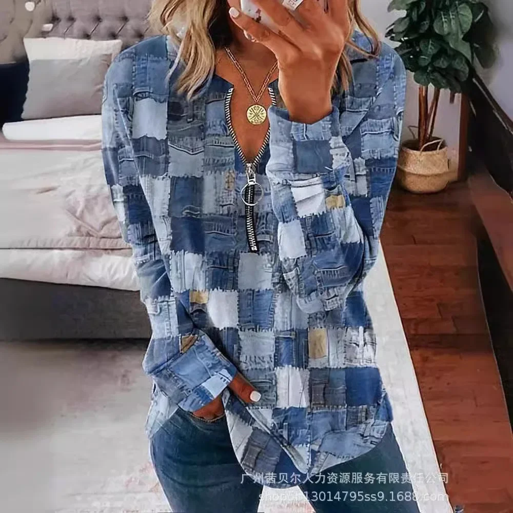 Women Autumn Winter Pullover Blouse Zippers Plaid Color V Neck Long Sleeve Casual Fashion Comfortable Regular Standard Fit Shirt