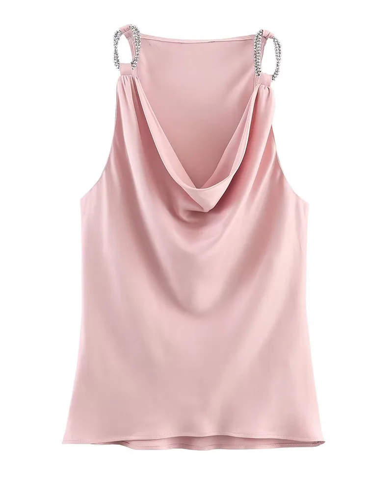 

Женский атласный топ с лямкой на шее, 2025 г., женский новый модный топ без рукавов с v-образным вырезом и металлической цепочкой, женский сексуальный элегантный жилет