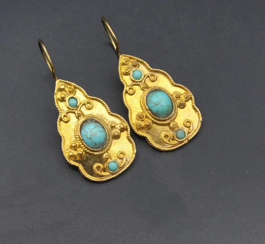 Vintage Court Gold Color Ornate Earrings for Women Creative Ethnic Style Imitation Turquoise Earrings Party Jewelry Gifts