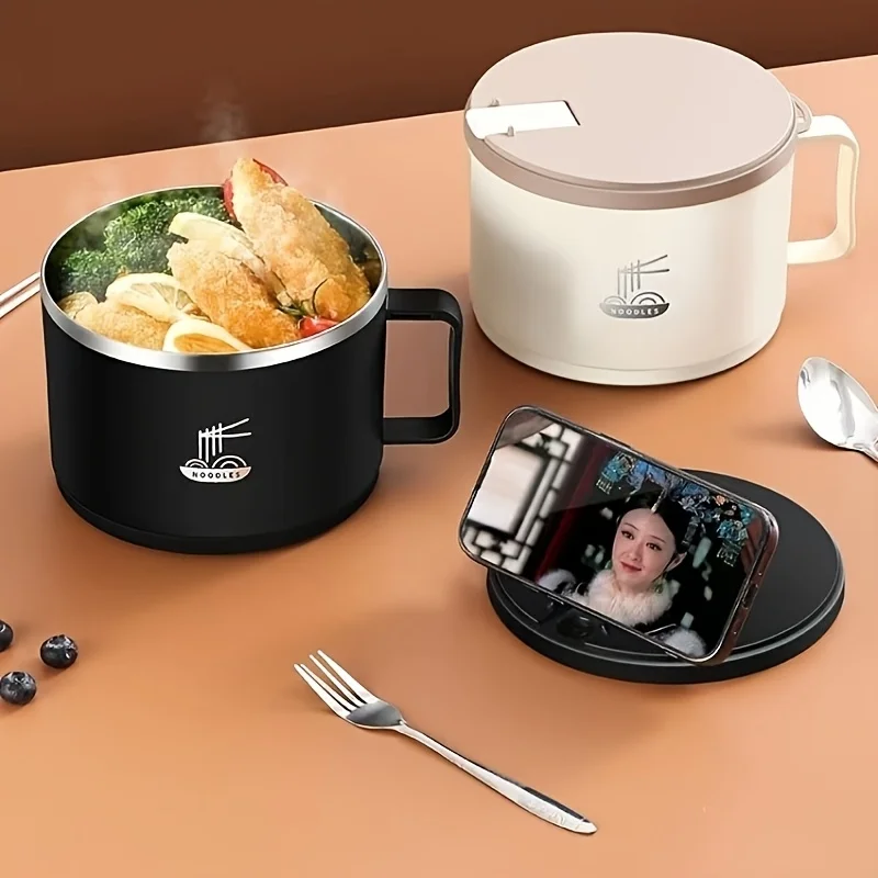 Cuenco interior de acero inoxidable negro de 1 pieza para fideos instantáneos con tapa, puede drenar agua, antiescaldaduras, anticalentamiento, taza para fideos instantáneos para dormitorio, cafetería, uso estudiantil, conveniente para fideos instantáneos, ensalada, tazón de sopa Udon, contenedor de almuerzo de oficina, mayor capacidad