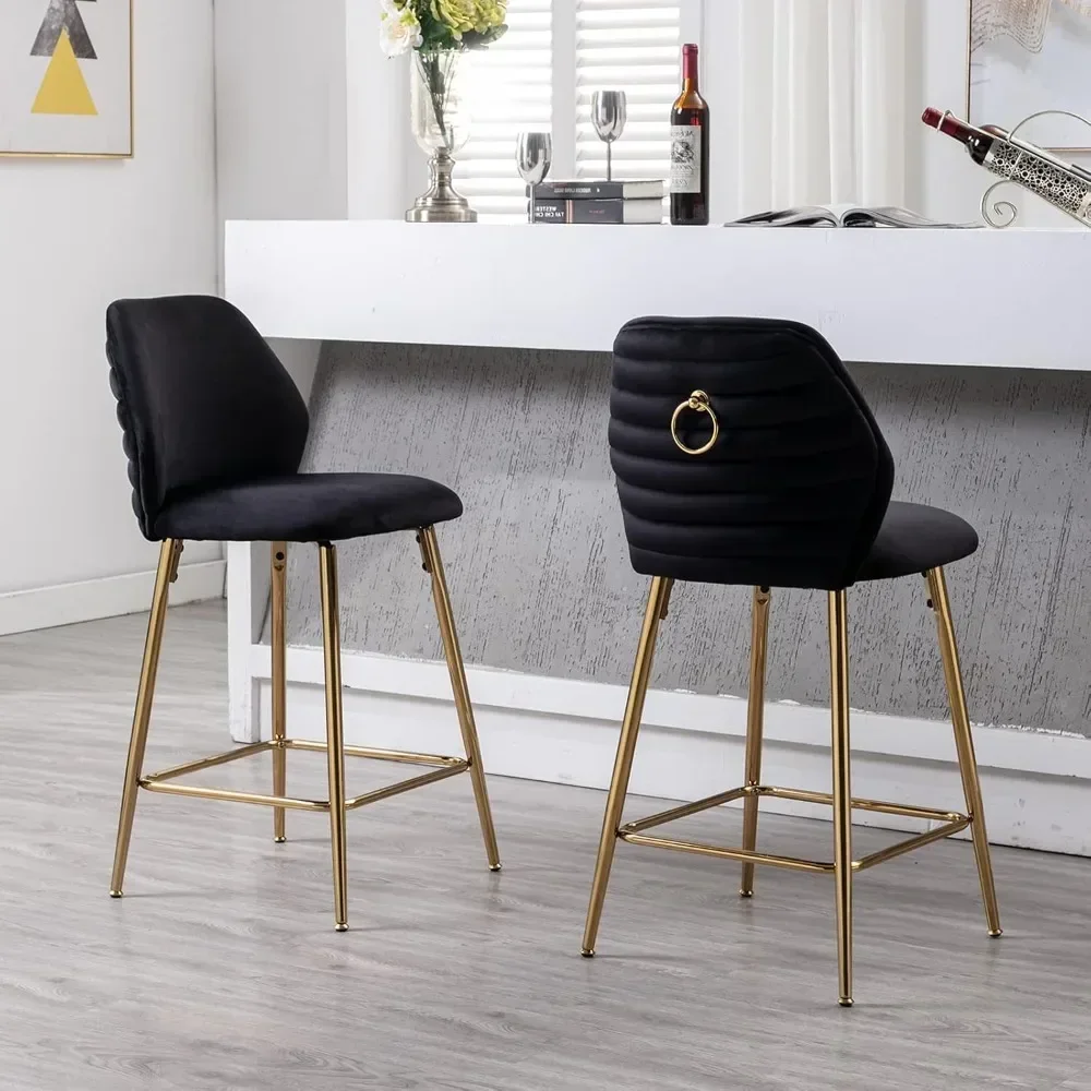 26” Bar Stool, Set of 4, Velvet Seat Cushion with Back and Foot Upholstery with Ring Pulls, for Kitchen Island, Dining Chair