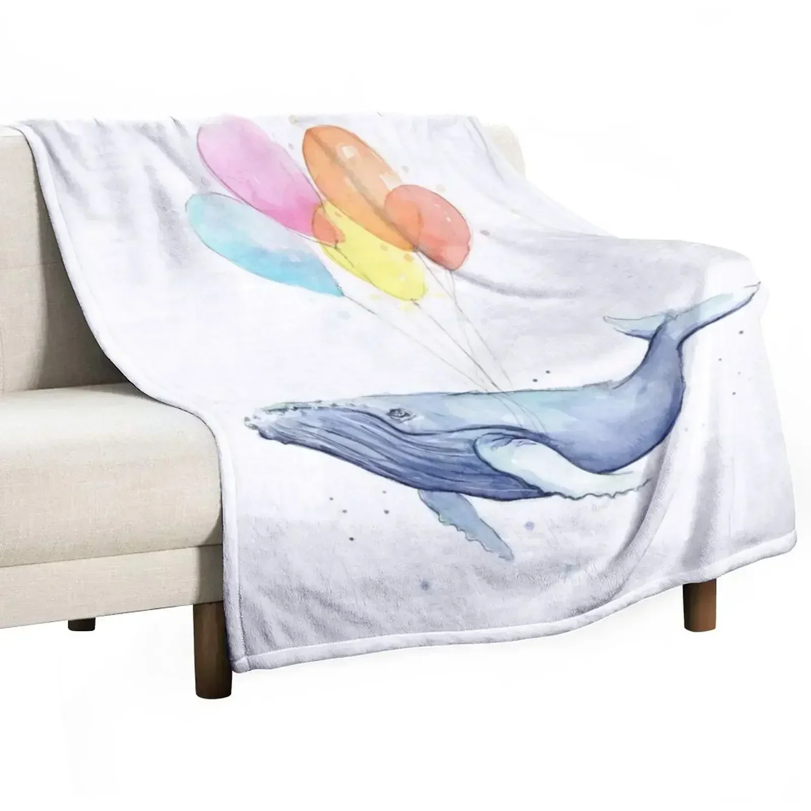 Floating Whale with Balloons Throw Blanket Flannel Warm Vintage Summer blankets ands Soft Plush Plaid Blankets