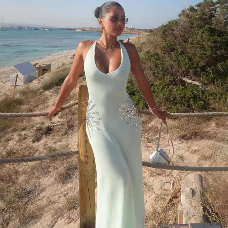 타르시 딥 V넥 백리스 맥시 드레스 여성 섹시 시퀸 슬링 니트 드레스 우아한 여성 여름 휴가 비치웨어 드레스