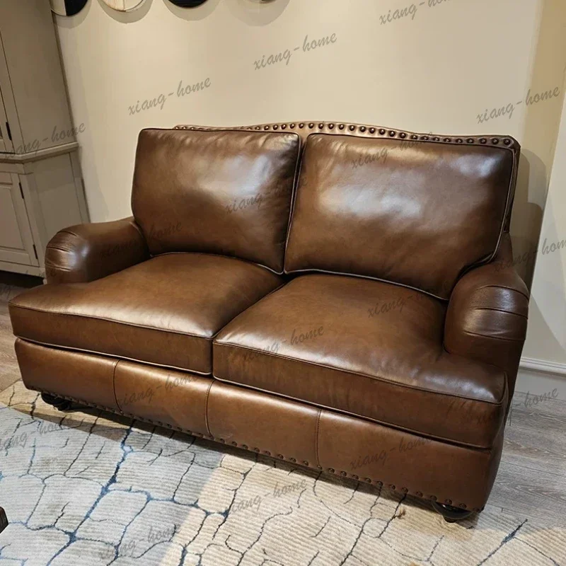 LSDeluxe American Oil Wax Leather Sofa Living Room Sofas And Seating Double Three Four Seat Couch Armchair Furniture For Home
