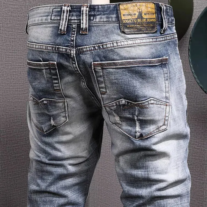 Fashion Designer Men Jeans High Quality Retro Washed Blue Stretch Slim Fit Ripped Jeans Men Trousers Vintage Denim Pants Hombre