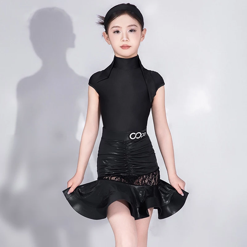 Schwarz Latin Dance Anzug Für Mädchen Latin Performance Kleid Sommer Kurzarm Tanz Kostüm Rumba Samba Bühne Tragen Röcke AMY1766