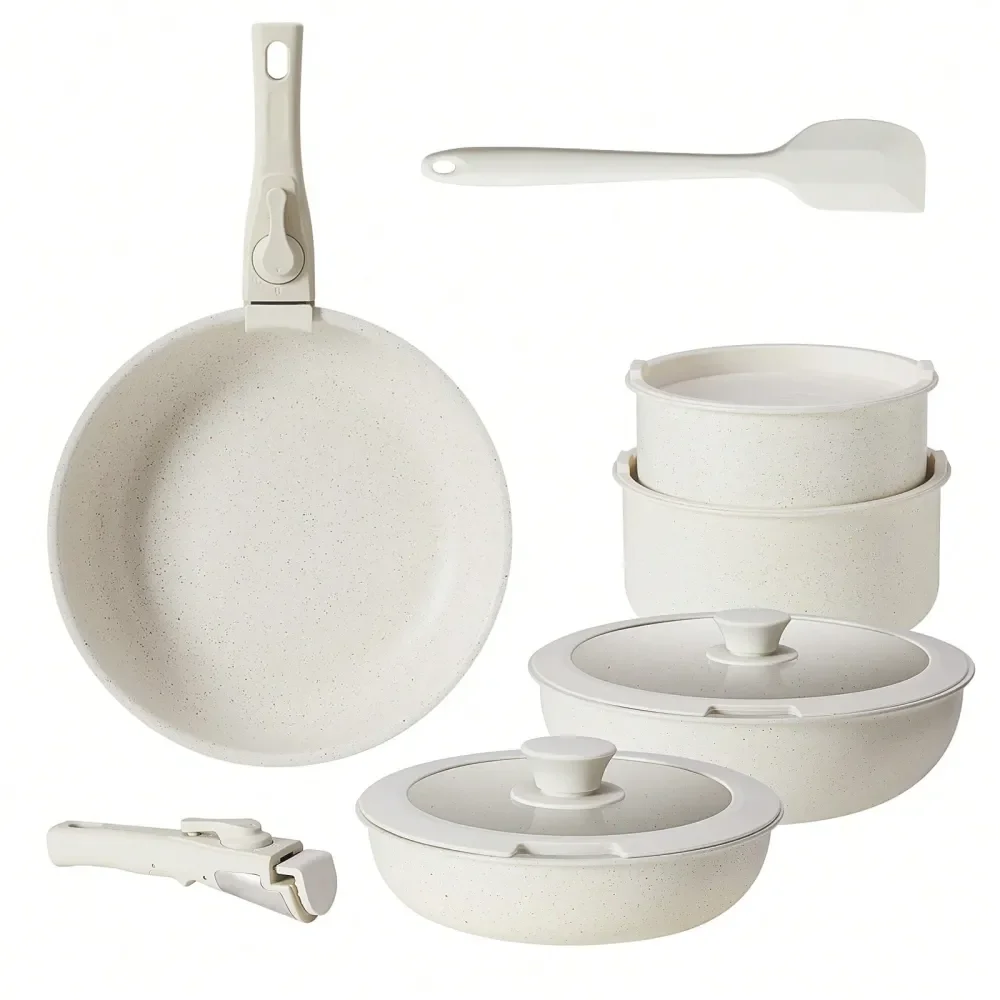 

12Piece Nonstick Pots And Pans Set Kitchen Cookware With Removable Handles Ideal For Home Cooking,Beige