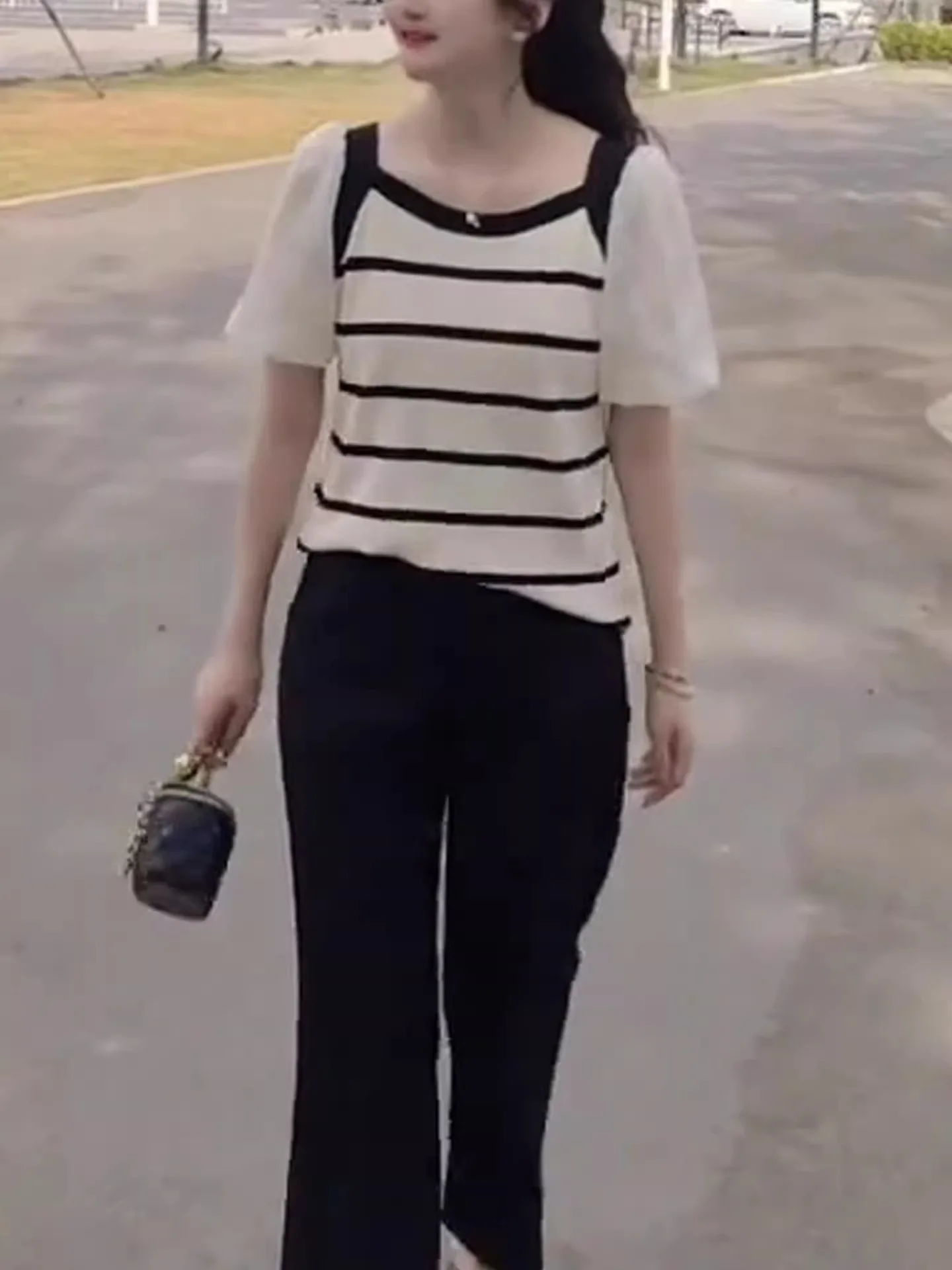 

Ice Silk Knitted ort Sve Patchwork Slim Fit Top Summer Striped Lazy Sle Color Blo Casual Net irt Korean Sle Stra...