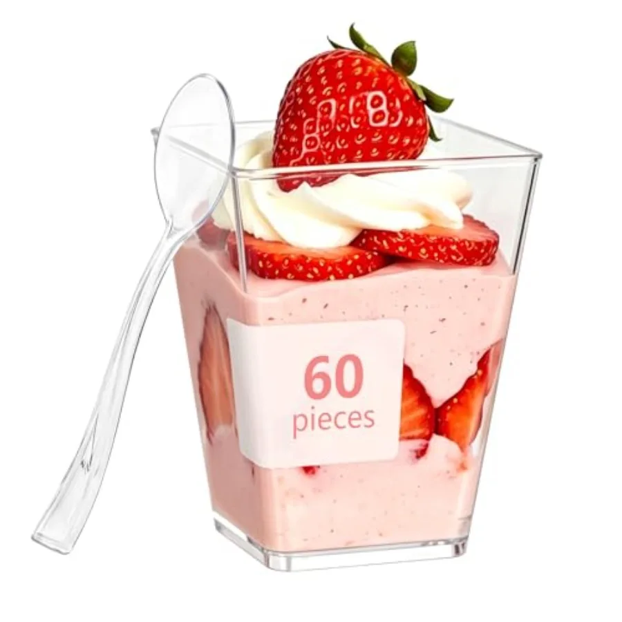 

60Pack Plastic Dessert Cups Spoons Ideal for Yogurt Parfaits, Pudding, Fruit, Ice Cream and Party Desserts Great for Events and
