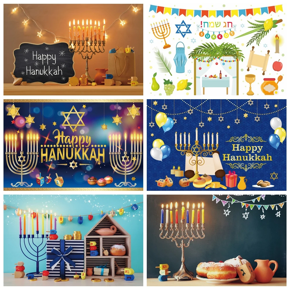 Happy Hanukkah Backdrop for Photography Jewish Holy Holiday Festival Party Candle Candelabra Background Decor Photo Studio Props