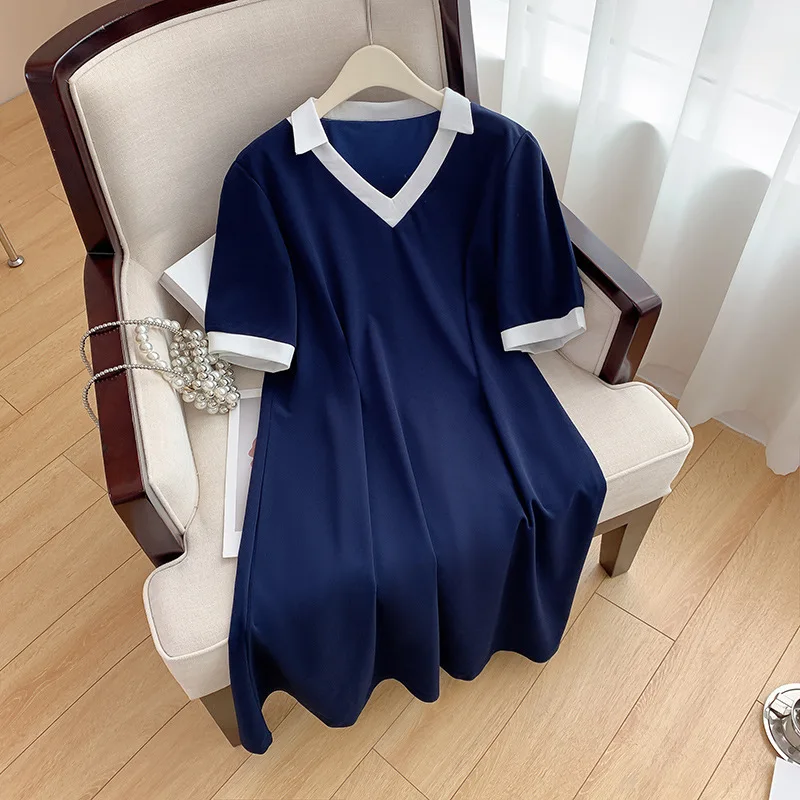 

150Kg Plus Size Women's Bust 150 Summer Loose Contrasting V-Neck Dress Blue 5XL 6XL 7XL 8XL 9XL