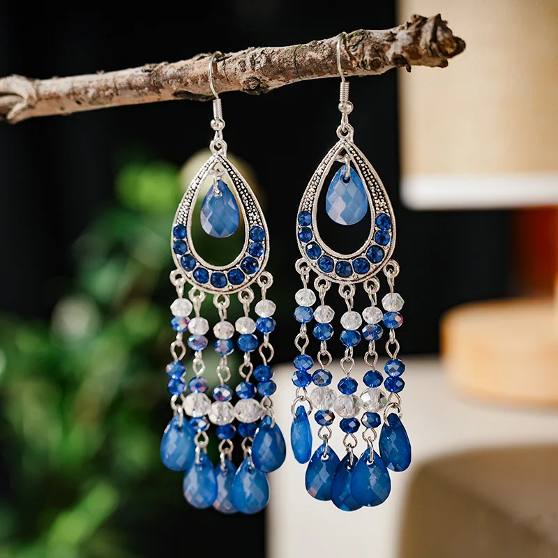 Bohemian Vintage Crystal Rhinestone Handmade Beads Tassel Long Drop Dangle Earring For Women Wedding Trendy Boho Jewelry Earings