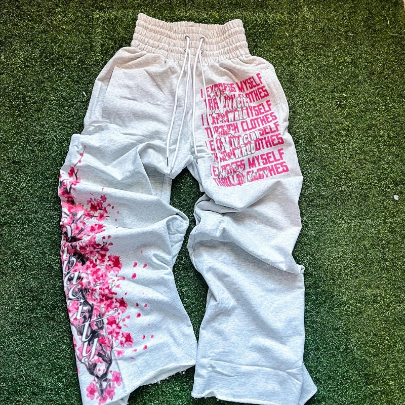 

Y2K Casual Sweatpants Double Waisted Drawstring Cherry Blossom Print Wide Leg Pants Trend Retro Streetwear Unisex Baggy Pants