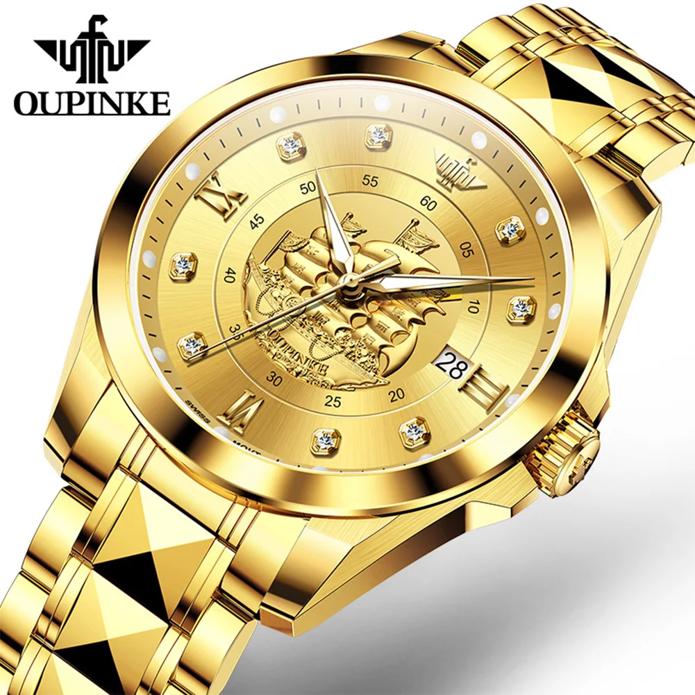 ساعات رجالية OUPINKE 3302 ذهبية فاخرة موضة أصلية ساعة ميكانيكية أوتوماتيكية للرجل التنغستن الصلب الياقوت مرآة التاريخ