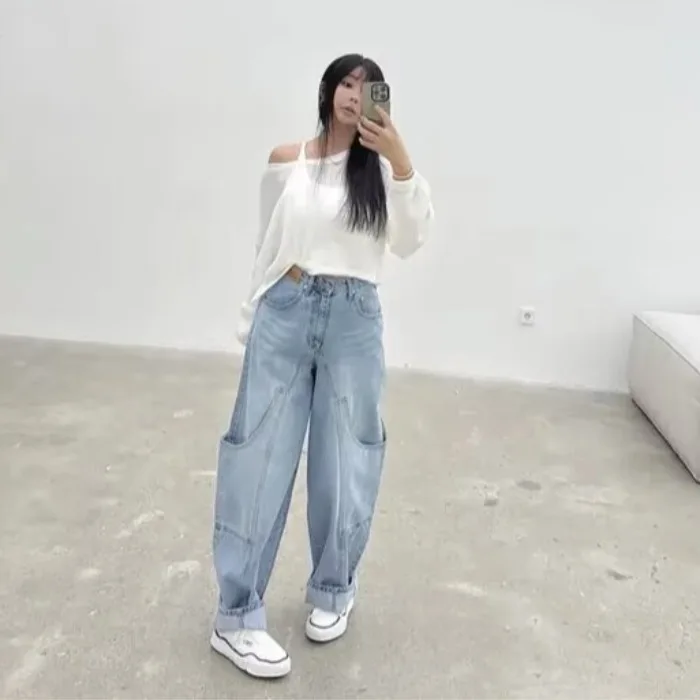 

2026 New Korean Style Casual Loose Pocketed Knife-Shape Pants WorkwearInspired Fashion High Waist Denim Jeans All-Season Ladi...