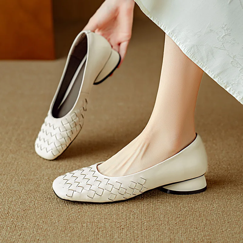 

Лето 2023, тканые женские туфли на низком каблуке, французские модные туфли с квадратным носком и неглубоким носком на каждый день