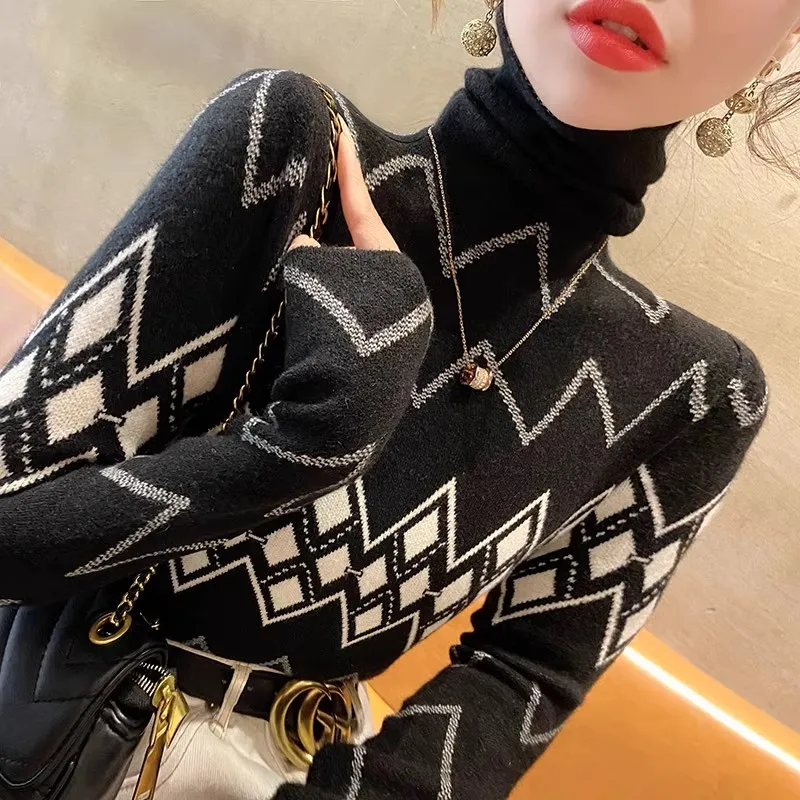 Women Vintage Fashion Jacquard Sweaters Spring Casual Elasticity Slim Chic Knitted Tops 2024 New Simple All-match Basic Pullover