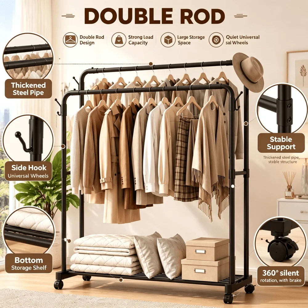 Movable Double-Pole Clothes Rack, Movable Independent Metal Clothes Rack With Wheels And Side Hooks, Easy To Assemble And Save S