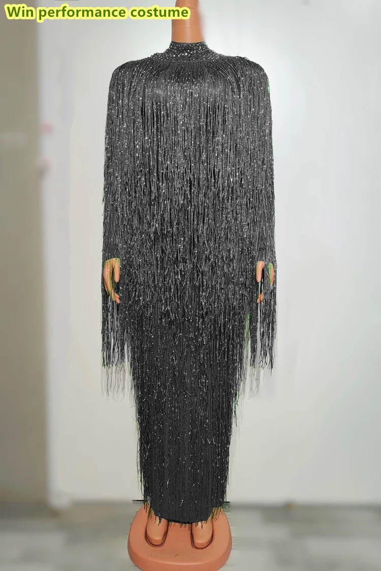 Lion-Vestido largo con borlas de diamantes de imitación multicolores, vestido Sexy para fiestas, clubs nocturnos, bares, actuaciones en escenario, disfraces