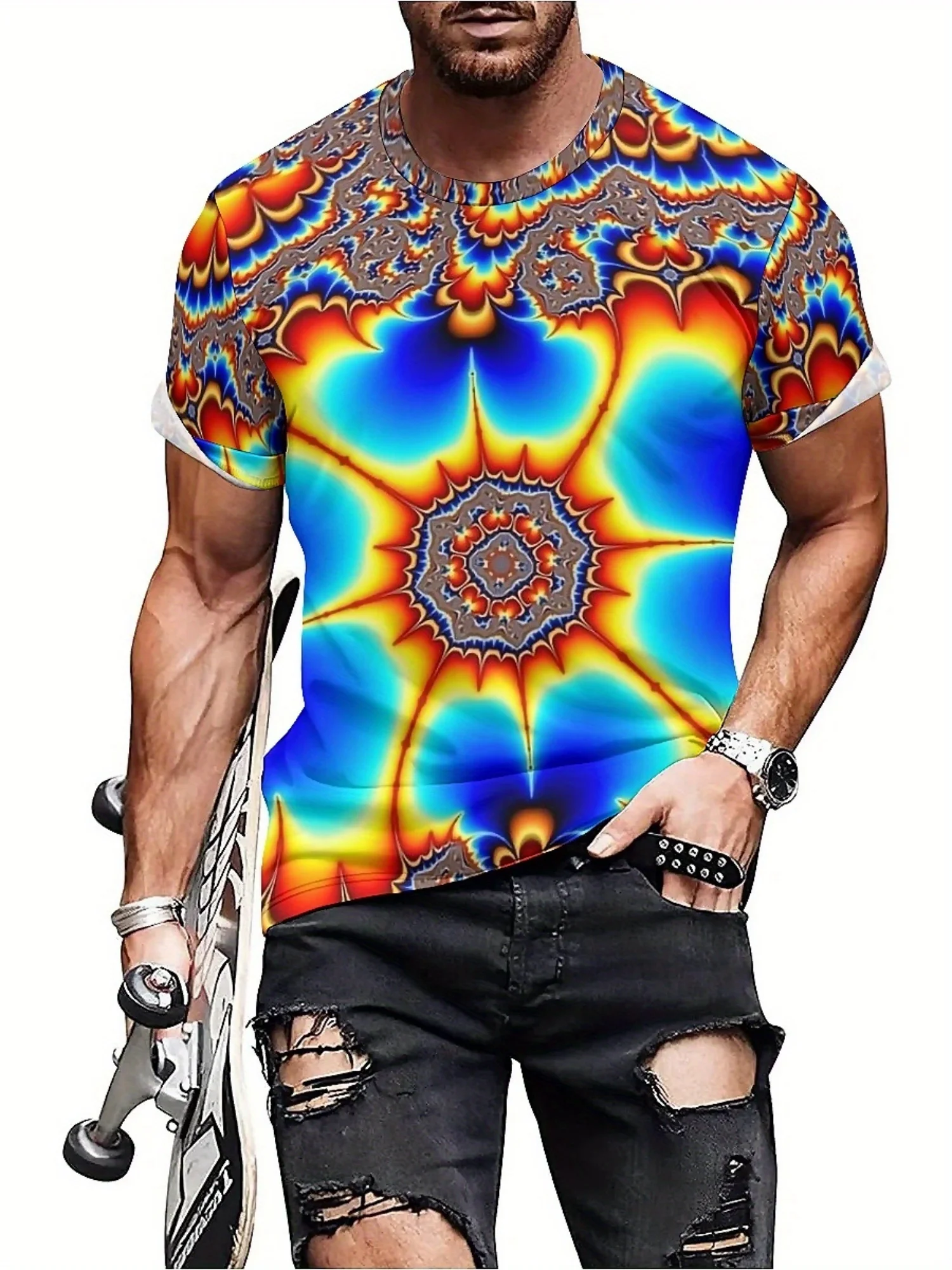 남성용 생기 넘치는 타이 염색 반소매 티셔츠 3D 기하학 프린트, 라운드 넥, 가볍고 통기성이 뛰어나 모든 계절에 적합
