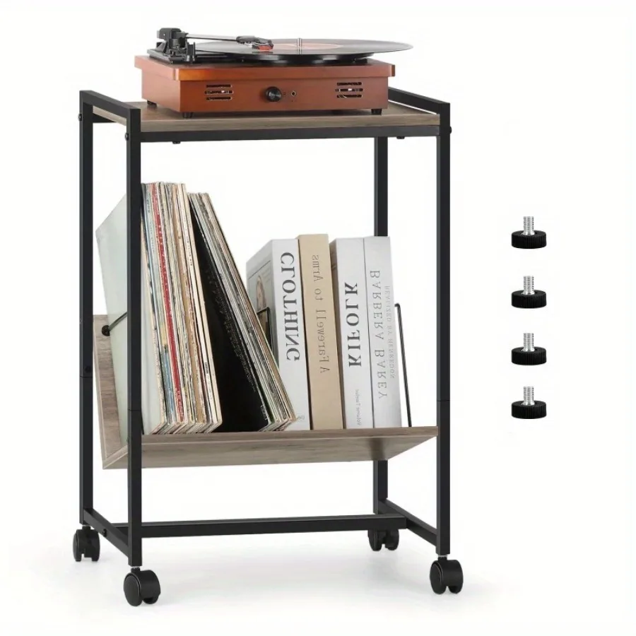 ダブルサイドテーブル レコードプレーヤースタンド ホイールとビニール収納棚付き グレー