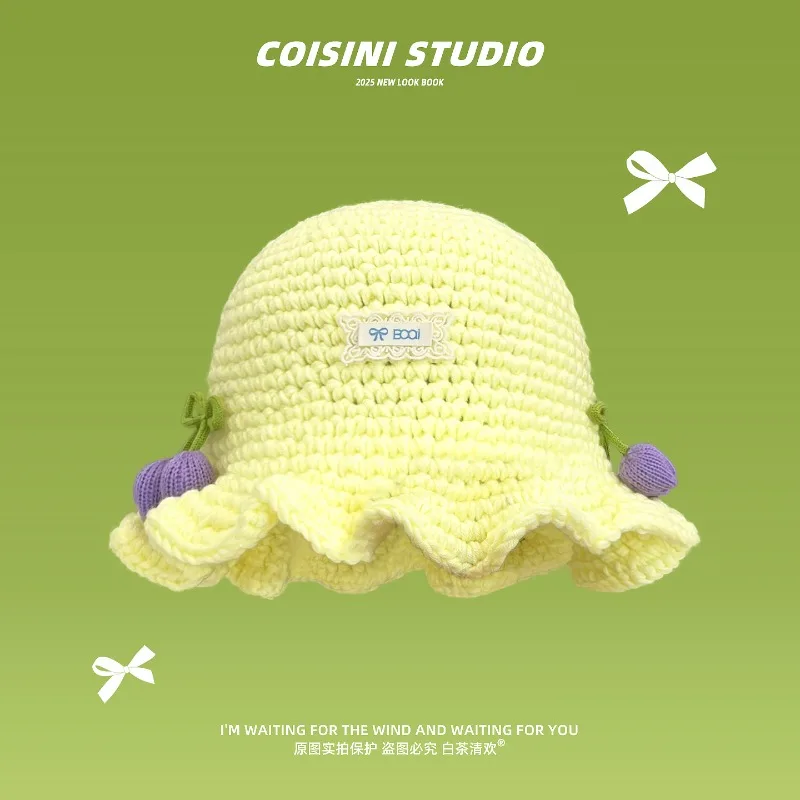

Ins Sweet Tulip Sticker Ruffle Edge Knitted Bucket Hats Women Autumn Winter Travel Fashion Warm Versatile Casual Pullover Cap