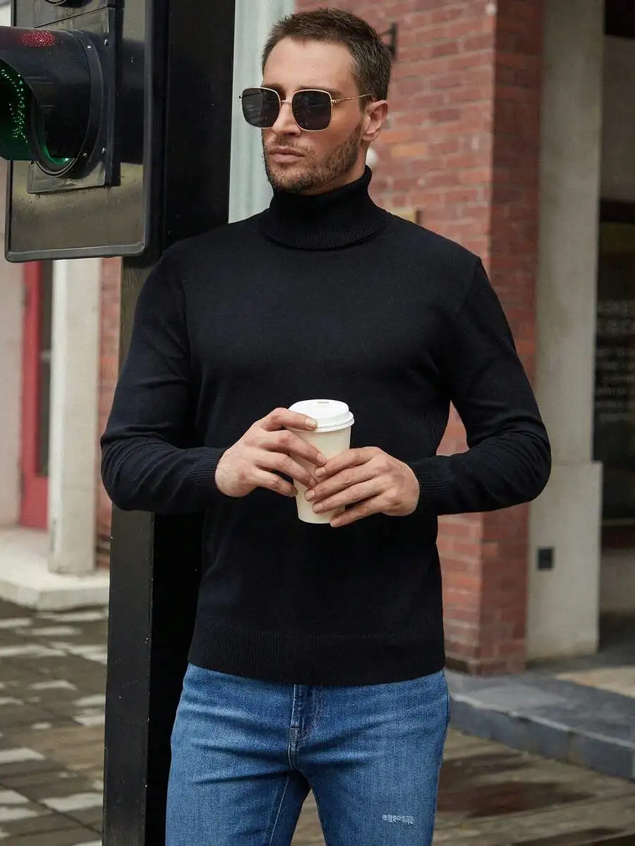 

Men's Solid Black Turtleneck Sweater, Long Sleeve, Winter Warm Pullover
