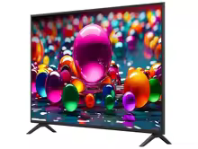 Vista lateral da Smart TV LG 50 polegadas em fundo branco com suporte
