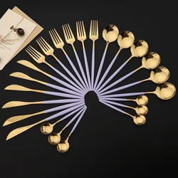 New 24Pcs Cutlery Set Stainless Steel Tableware Purple Gold Dinnerware Knife Fork Spoon Dinner Silverware Kitchen Flatware