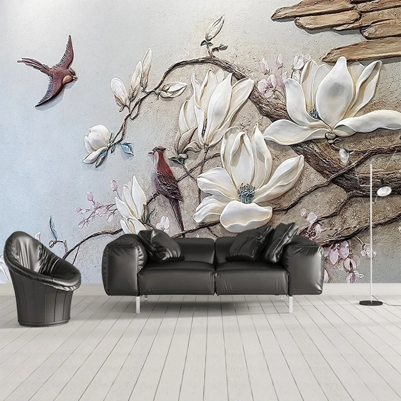 

Custom Large Size Wallpaper 3D Embossed Magnolia Flowers Birds Paintings Bedroom Living Room Decor TV Backdrop Wall Mural Paper