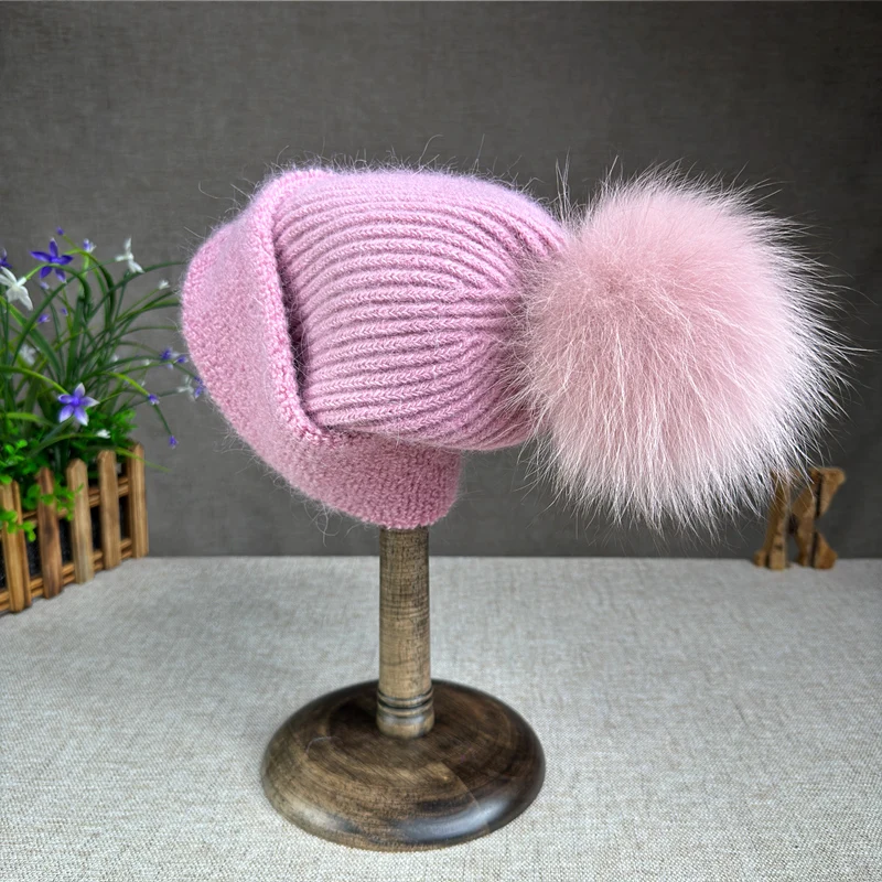 2024 Korean version fox fur ball knitted hat versatile ear protection thickened Angora rabbit fur wool hat fashionable