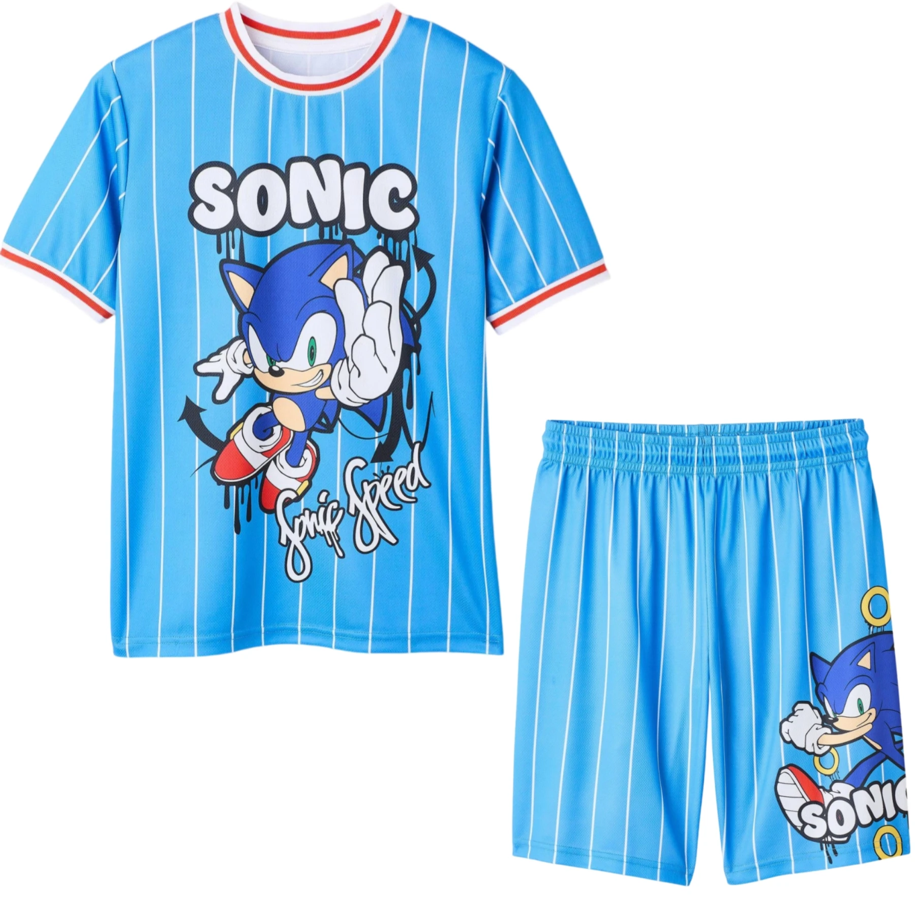 Sonic Boys Girls Set Cartoon Striped T-shirt Shorts Set Adult/Kids Sports Two-piece Set Breathable Quick Drying Casual T-shirt