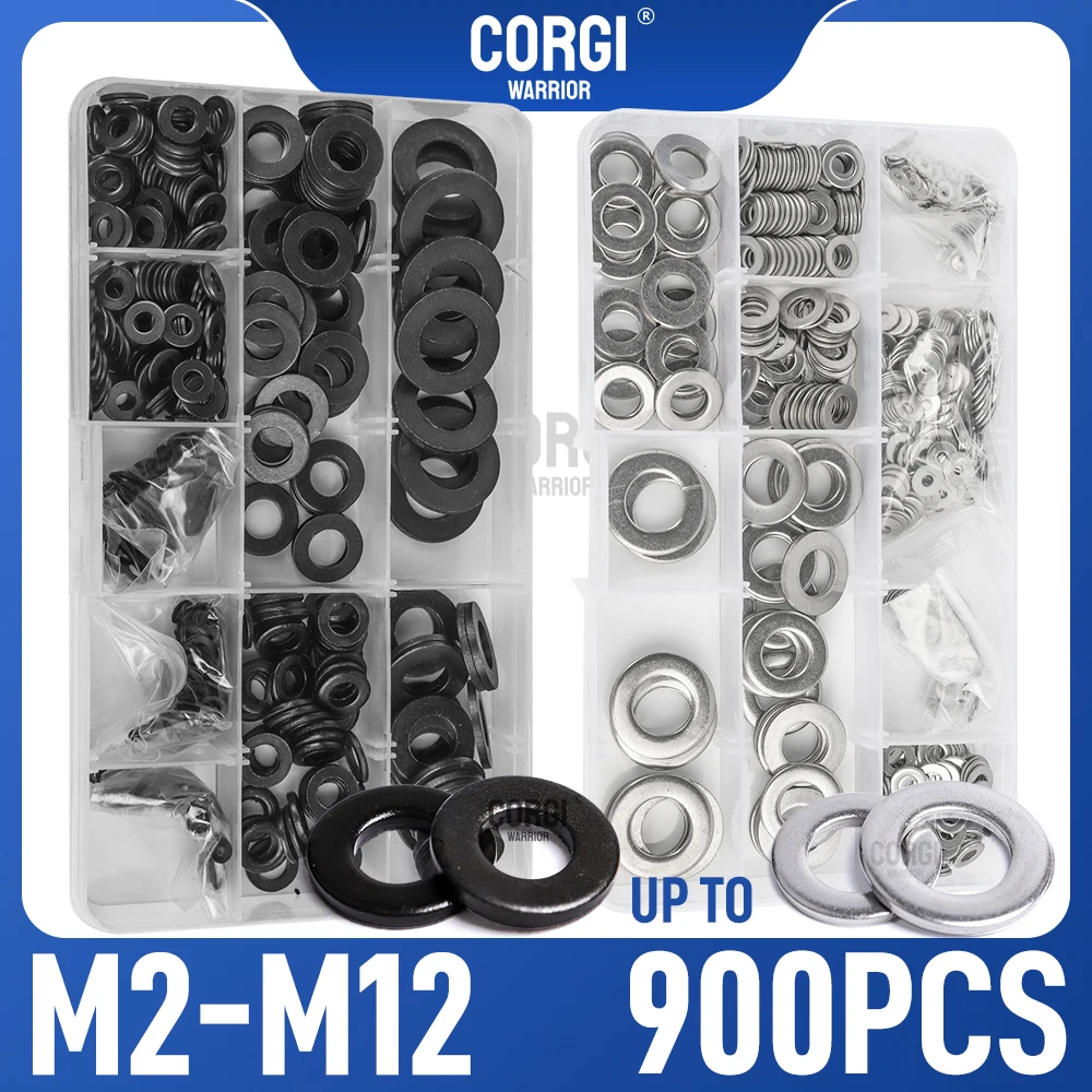 M2 M2.5 M3 M4 M5 M6 M8 M10 M12 Metal Flat Washers Hardware Assortment Kit 9 Sizes Black Steel or 304 Stainless Steel Lock Washer