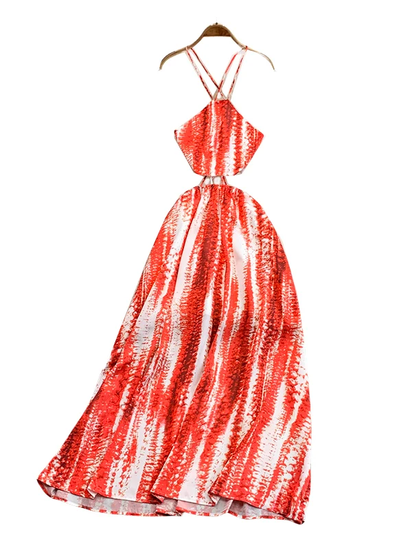 レトロなストラップ付きドレス レディース 夏休み セクシー ウエストシェイプ スリム ロングドレス 韓国風 スリーブ ハイウエスト Aラインスカート