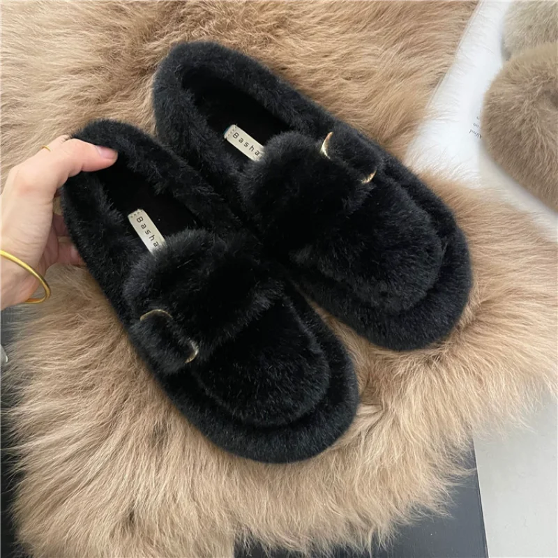 Woman Shoes Bear Fur Women Autumn Winter New One-pedal Lamb Hair Flat Peas Shoes Women\'s Cotton Casual Shoes To Keep Warm 2024