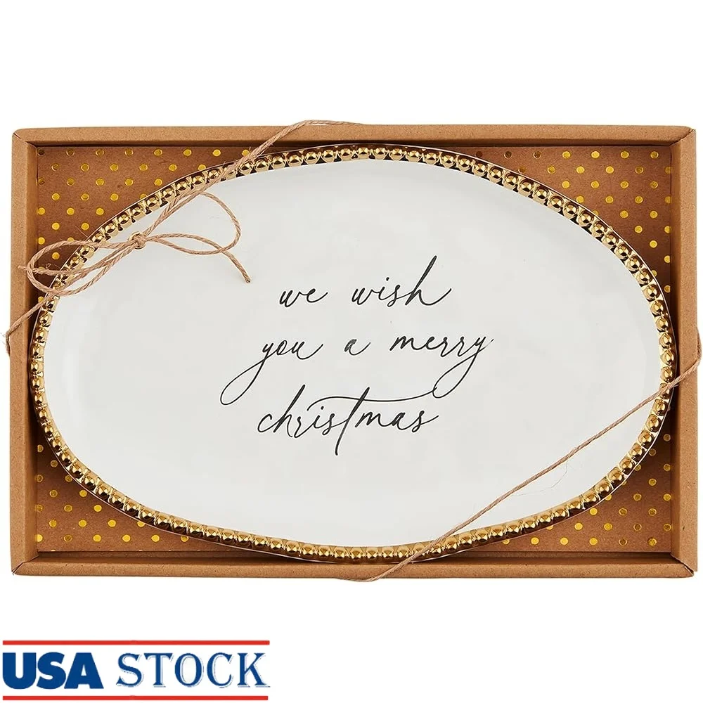 

Ceramic Serving Plate with Gold Bead Rim 6 1/2 x 10 Inch Holiday Treats Merry Christmas Sentiment Lightweight Home Decor