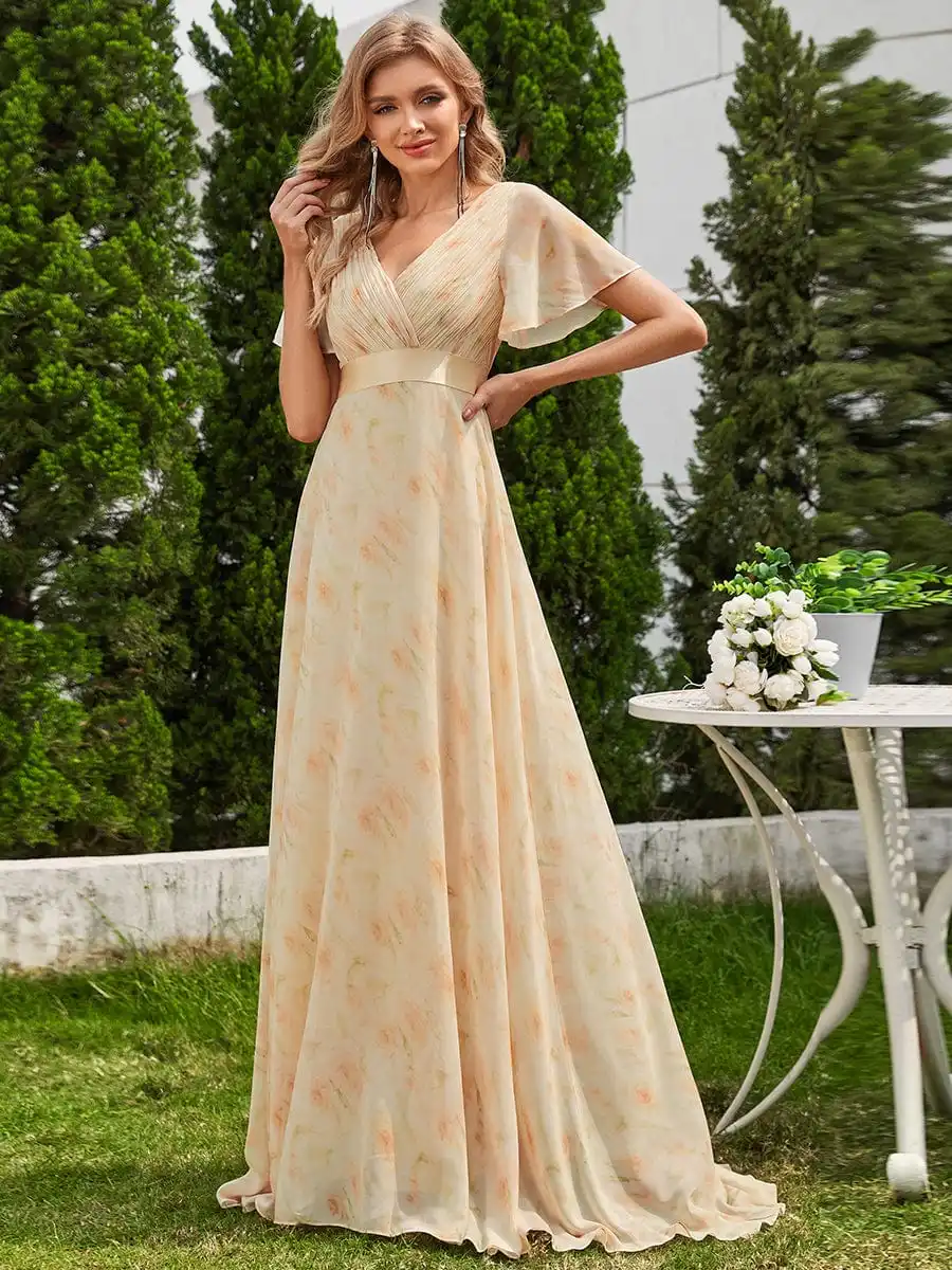 Elegant Evening Dresses Chiffon long A-LINE Sleeveless V-neck 2024 Ever Pretty of Golden Rose Simple Bridesmaid dress