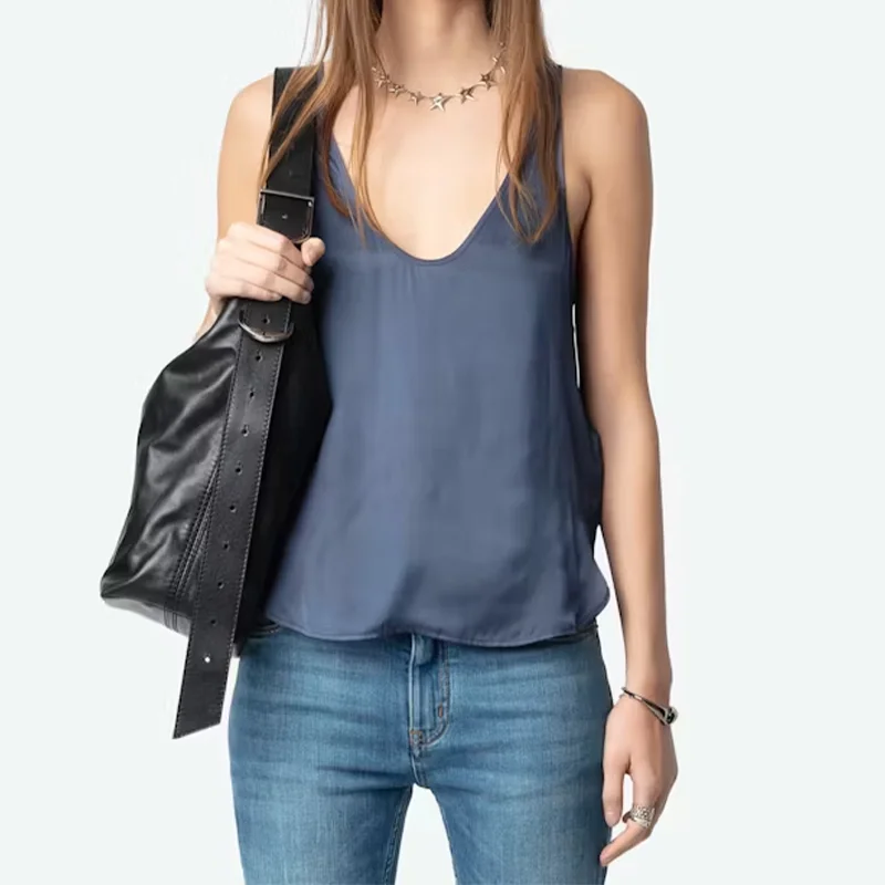 

Светло-темно-синий жилет, женская майка без рукавов с v-образным вырезом, свободные черные жилеты с открытой спиной, женские повседневные женские майки, летняя майка из полиэстера