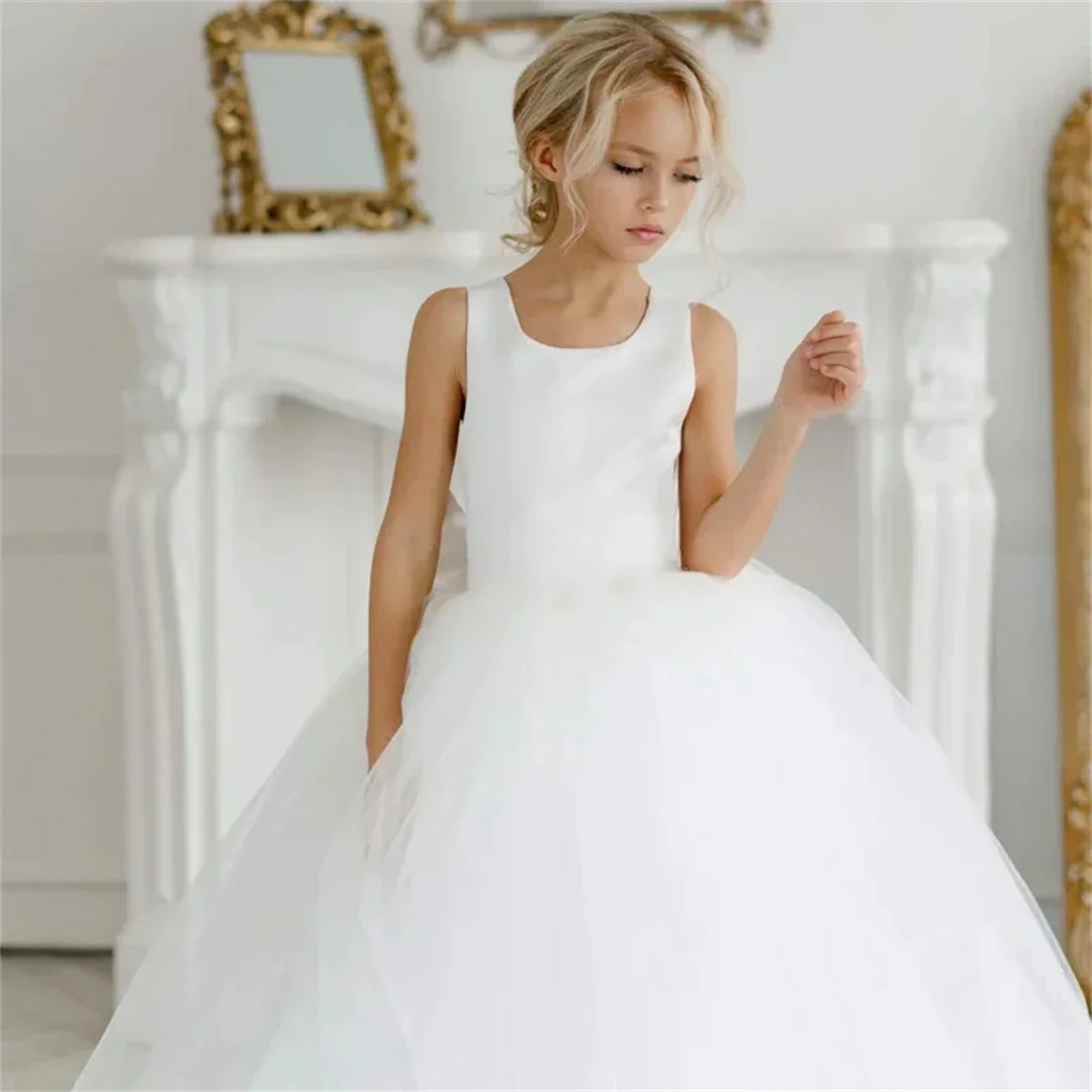 Customized Flower Girl Dresses White Satin Polka Dot Skirt With Gray Blue Bow Belt Half Sleeve For Wedding Birthday Party Prince