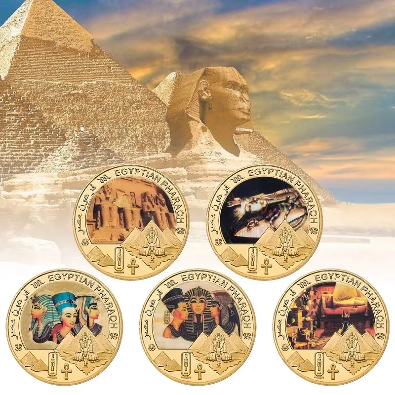 5pcs Ancient Egyptian Pharaoh Commemorative Coin Set Gold Plated Pyramid & Sphinx Collectible Tutankhamun & Nefertiti Souvenir