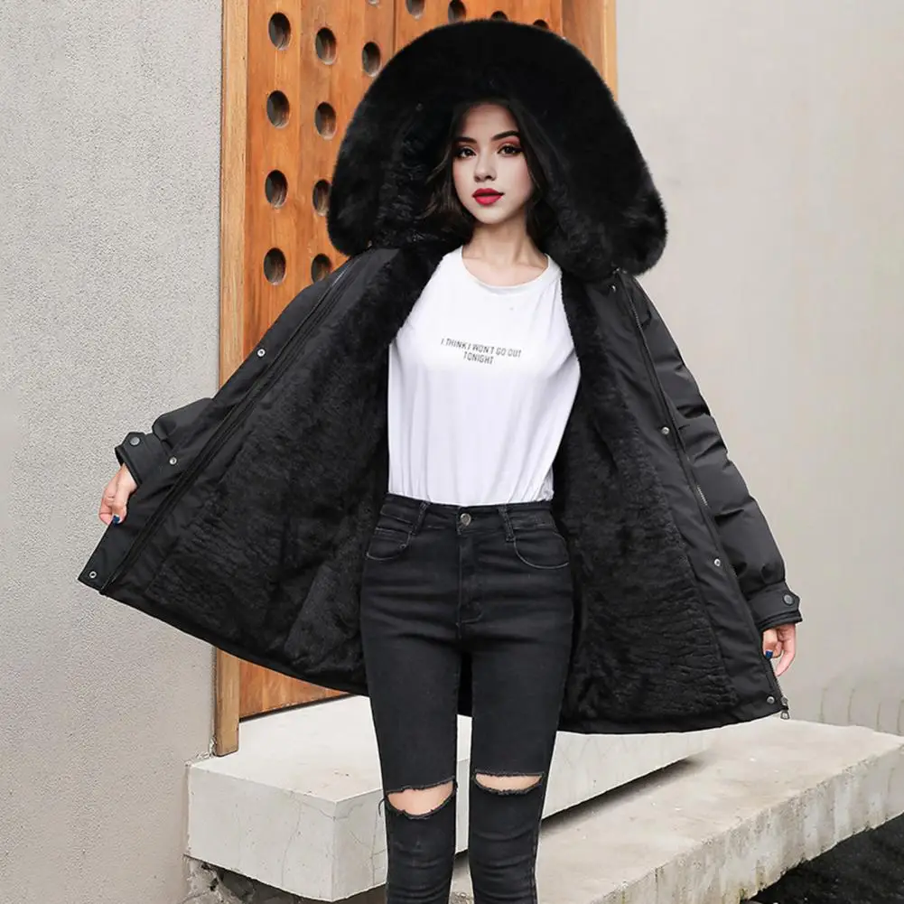 Women Warm Jacket Windproof Winter Down Coat with Plush Hood Adjustable Drawstring Mid Length Jacket with for Outwear for Long