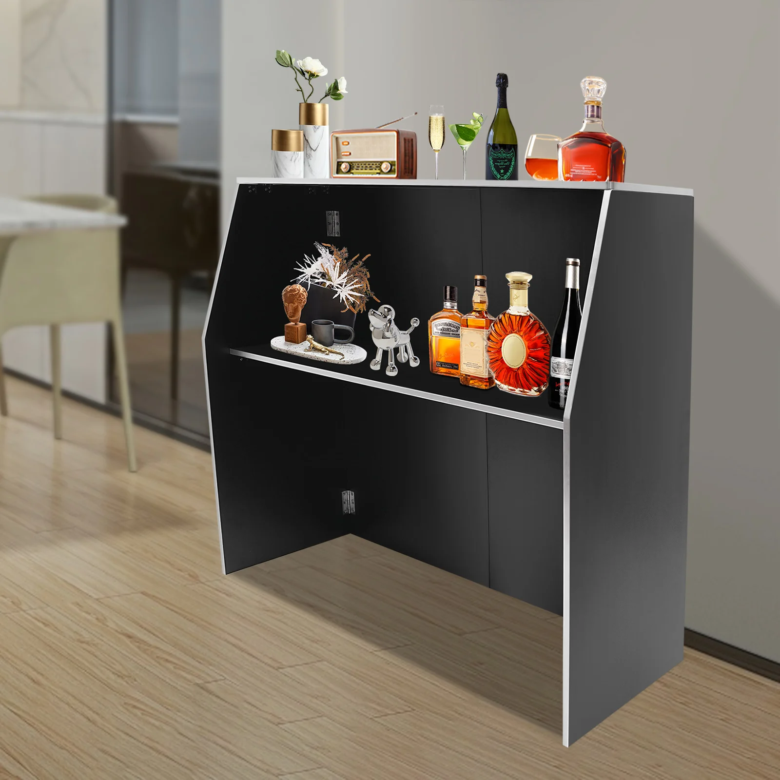 Portable Bar Cabinet – 19.5" x 47.75" x 42.75", Black Particle Board with White Aluminum Trim