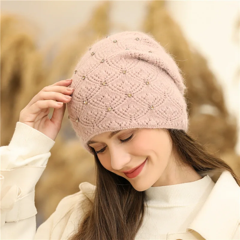 

New Women Winter Hat Streetwear Rabbit Fur Blend Warm Cap For Female Casual Knitted Hat Fashion Decorate Beanie Hat