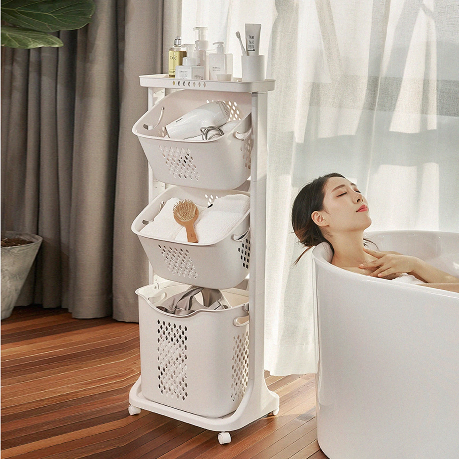 

3-Tiers Laundry Basket, Large Capacity Dirty Clothes Basket, Floor-standing Laundry Basket with Wheels for Home Use