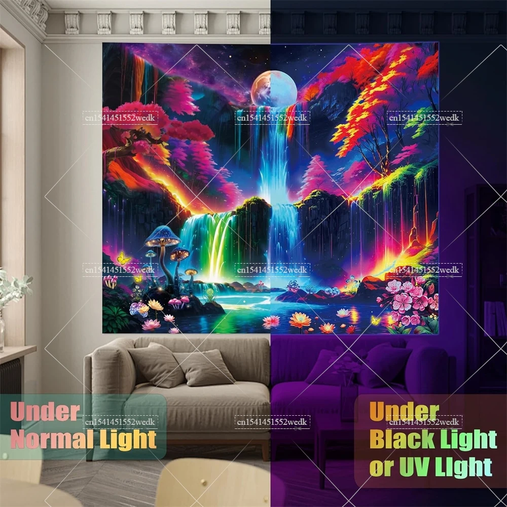 Blacklight Waterfall Moon Tapestry Black Light Neon UV Reactive Tapestry Landscape Wave Wall Hanging Home Decor Aesthetic Poster
